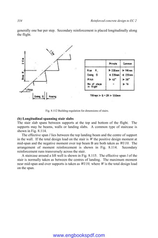 334 Reinforced concrete design to EC 2
generally one bar per step. Secondary reinforcement is placed longitudinally along
the flight.
Fig. 8.112 Building regulation for dimensions of stairs.
(b) Longitudinal spanning stair slabs
The stair slab spans between supports at the top and bottom of the flight. The
supports may be beams, walls or landing slabs. A common type of staircase is
shown in Fig. 8.114.
The effective span l lies between the top landing beam and the centre of support
in the wall. If the total design load on the stair is W the positive design moment at
mid-span and the negative moment over top beam B are both taken as Wl/10. The
arrangement of moment reinforcement is shown in Fig. 8.114. Secondary
reinforcement runs transversely across the stair.
A staircase around a lift well is shown in Fig. 8.115. The effective span l of the
stair is normally taken as between the centres of landing. The maximum moment
near mid-span and over supports is taken as Wl/10, where W is the total design load
on the span.
www.engbookspdf.com
 
