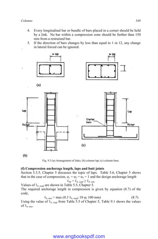 Columns 349
4. Every longitudinal bar or bundle of bars placed in a corner should be held
by a link. No bar within a compression zone should be further than 150
mm from a restrained bar.
5. If the direction of bars changes by less than equal to 1 in 12, any change
in lateral forced can be ignored.
Fig. 9.3 (a) Arrangement of links; (b) column lap; (c) column base.
(f) Compression anchorage length, laps and butt joints
Section 5.3.5, Chapter 5 discusses the topic of laps. Table 5.6, Chapter 5 shows
that in the case of compression, α1 = α2 = α3 = 1 and the design anchorage length
ℓbd = ℓb, reqd ≥ ℓb, min
Values of ℓb, reqd are shown in Table 5.5, Chapter 5.
The required anchorage length in compression is given by equation (8.7) of the
code,
ℓb, min > max (0.3 ℓb, reqd; 10 φ; 100 mm) (8.7)
Using the value of ℓb, reqd from Table 5.5 of Chapter 5, Table 9.1 shows the values
of ℓb, min.
www.engbookspdf.com
 