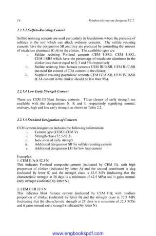 14 Reinforced concrete design to EC 2
2.2.1.3 Sulfate-Resisting Cement
Sulfate resisting cements are used particularly in foundations where the presence of
sulfates in the soil which can attack ordinary cements. The sulfate resisting
cements have the designation SR and they are produced by controlling the amount
of tricalcium aluminate (C3A) in the clinker. The available types are:
i. Sulfate resisting Portland cements CEM I-SR0, CEM I-SR3,
CEM I-SR5 which have the percentage of tricalcium aluminate in the
clinker less than or equal to 0, 3 and 5% respectively.
ii. Sulfate resisting blast furnace cements CEM III/B-SR, CEM III/C-SR
(no need for control of C3A content in the clinker).
iii. Sulphate resisting pozzolanic cements CEM IV/A-SR, CEM IV/B-SR
(C3A content in the clinker should be less than 9%).
2.2.1.4 Low Early Strength Cement
These are CEM III blast furnace cements. Three classes of early strength are
available with the designations N, R and L respectively signifying normal,
ordinary, high and low early strength as shown in Table 2.2.
2.2.1.5 Standard Designation of Cements
CEM cement designation includes the following information:
i. Cement type (CEM I-CEM V)
ii. Strength class (32.5-52.5)
iii. Indication of early strength
iv. Additional designation SR for sulfate resisting cement
v. Additional designation LH for low heat cement
Examples:
1. CEM II/A-S 42.5 N
This indicates Portland composite cement (indicated by CEM II), with high
proportion of clinker (indicated by letter A) and the second constituent is slag
(indicated by letter S) and the strength class is 42.5 MPa (indicating that the
characteristic strength at 28 days is a minimum of 42.5 MPa) and it gains normal
early strength (indicated by letter N).
2. CEM III/B 32.5 N
This indicates blast furnace cement (indicated by CEM III); with medium
proportion of clinker (indicated by letter B) and the strength class is 32.5 MPa
(indicating that the characteristic strength at 28 days is a minimum of 32.5 MPa)
and it gains normal early strength (indicated by letter N).
www.engbookspdf.com
 