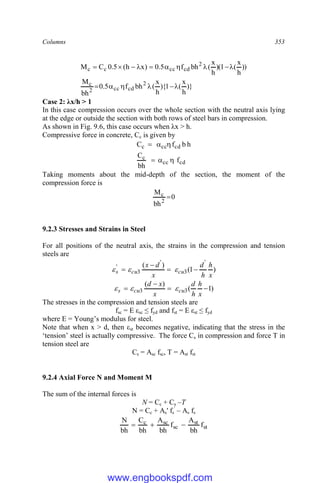 Columns 353
)}
h
x
(
1
){
h
x
(
bh
f
5
.
0
bh
M
))
h
x
(
1
)(
h
x
(
bh
f
5
.
0
)
x
h
(
5
.
0
C
M
2
cd
cc
2
c
2
cd
cc
c
c
















Case 2: λx/h > 1
In this case compression occurs over the whole section with the neutral axis lying
at the edge or outside the section with both rows of steel bars in compression.
As shown in Fig. 9.6, this case occurs when λx > h.
Compressive force in concrete, Cc is given by
cd
cc
c
cd
cc
c
f
bh
C
h
b
f
C






Taking moments about the mid-depth of the section, the moment of the
compression force is
0
bh
M
2
c 
9.2.3 Stresses and Strains in Steel
For all positions of the neutral axis, the strains in the compression and tension
steels are
)
1
(
)
( '
3
'
3
'
x
h
h
d
x
d
x
cu
cu
s 


 


)
1
(
)
(
3
3 



x
h
h
d
x
x
d
cu
cu
s 


The stresses in the compression and tension steels are
fsc = E εsc ≤ fyd and fst = E εst ≤ fyd
where E = Young’s modulus for steel.
Note that when x > d, then εst becomes negative, indicating that the stress in the
‘tension’ steel is actually compressive. The force Cs in compression and force T in
tension steel are
Cs = Asc fsc, T = Ast fst
9.2.4 Axial Force N and Moment M
The sum of the internal forces is
N = Cc + Cs –T
N = Cc + As' fs
'
– As fs
st
st
sc
sc
c f
bh
A
f
bh
A
bh
C
bh
N



www.engbookspdf.com
 