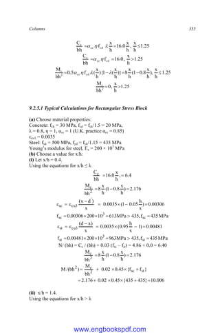 Columns 355
25
.
1
h
x
,
h
x
0
.
16
h
x
f
bh
C
cd
cc
c


 


25
.
1
h
x
,
0
.
16
f
bh
C
cd
cc
c


 

25
.
1
h
x
),
h
x
8
.
0
1
(
h
x
8
)}
h
x
(
1
{
)
h
x
(
f
5
.
0
bh
M
cd
cc
2
c




 



25
.
1
h
x
,
0
bh
M
2
c


9.2.5.1 Typical Calculations for Rectangular Stress Block
(a) Choose material properties:
Concrete: fck = 30 MPa, fcd = fck/1.5 = 20 MPa,
λ = 0.8, η = 1, αcc = 1 (U.K. practice αcc = 0.85)
εcu3 = 0.0035
Steel: fyk = 500 MPa, fyd = fyk/1.15 = 435 MPa
Young’s modulus for steel, Es = 200 × 103
MPa
(b) Choose a value for x/h:
(i) Let x/h = 0.4.
Using the equations for x/h ≤ λ
4
.
6
,
h
x
0
.
16
bh
Cc 

176
.
2
)
h
x
8
.
0
1
(
h
x
8
bh
M
2
c 


MPa
435
f
,
435
MPa
613
10
200
00306
.
0
f
00306
.
0
)
x
h
05
.
0
1
(
0035
.
0
x
)
d
x
(
sc
3
sc
'
3
cu
sc














MPa
435
f
,
435
MPa
963
10
200
00481
.
0
f
00481
.
0
)
1
x
h
95
.
0
(
0035
.
0
x
)
x
d
(
st
3
st
3
cu
st














N/ (bh) = Cc / (bh) + 0.03 (fsc – fst) = 4.86 + 0.0 = 6.40
176
.
2
)
h
x
8
.
0
1
(
h
x
8
bh
M
2
c 


006
.
10
}
435
435
{
45
.
0
02
.
0
176
.
2
}
f
f
{
45
.
0
02
.
0
bh
M
)
bh
/(
M st
sc
2
c
2











(ii) x/h = 1.4.
Using the equations for x/h > λ
www.engbookspdf.com
 
