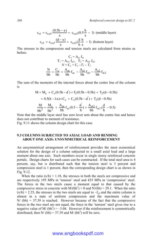 360 Reinforced concrete design to EC 2
)
1
x
h
5
.
0
(
x
)
x
h
5
.
0
(
3
cu
3
cu
1
s 





 (middle layer)
)
1
x
h
h
d
(
x
)
x
d
(
3
cu
3
cu
2
s 





 (bottom layer)
The stresses in the compression and tension steels are calculated from strains as
before.
Cs = Asc fsc
T1 = Ast1 fst1, T2 = Ast2 fst2
N = Cc + Cs –T1 – T2
2
st
2
s
1
st
1
s
sc
sc
c f
bh
A
f
bh
A
f
bh
A
bh
C
bh
N




The sum of the moments of the internal forces about the centre line of the column
is
)
h
5
.
0
d
(
T
)
d
h
5
.
0
(
C
C
)
x
h
(
5
.
0
)
h
5
.
0
d
(
T
)
h
5
.
0
h
5
.
0
(
T
)
d
h
5
.
0
(
C
M
M
2
'
s
c
2
1
'
s
c















)
5
.
0
h
d
(
f
bh
A
)
h
d
5
.
0
(
f
bh
A
bh
M
bh
M
2
st
2
st
'
sc
sc
2
c
2





Note that the middle layer steel has zero lever arm about the centre line and hence
does not contribute to moment of resistance.
Fig. 9.11 shows the column design chart for this case.
9.3 COLUMNS SUBJECTED TO AXIAL LOAD AND BENDING
ABOUT ONE AXIS: UNSYMMETRICAL REINFORCEMENT
An unsymmetrical arrangement of reinforcement provides the most economical
solution for the design of a column subjected to a small axial load and a large
moment about one axis. Such members occur in single storey reinforced concrete
portals. Design charts for such cases can be constructed. If the total steel area is 4
percent, say, but is distributed such that the tension steel is 3 percent and
compression steel is 1 percent, then the corresponding design chart is as shown in
Fig. 9.12.
When the ratio (x/h) ≈ 1.18, the stresses in both the steels are compressive and
are respectively 195 MPa in ‘tension’ steel and 435 MPa in ‘compression’ steel.
The forces in the two steels cause a moment equal to that caused by the
compressive stress in concrete with M/(bh2
) ≈ 0 and N/(bh) = 29.1. When the ratio
(x/h) = 2.25, the stresses in the two steels are equal to –fyd and the entire column is
almost in a state of uniform compression and the maximum value of
N/ (bh) = 37.39 is reached. However because of the fact that the compressive
forces in the two steel are not equal, the force in the ‘tension’ steel gives rise to a
negative value of M/ (bh2
) = –3.04. However if the reinforcement is symmetrically
distributed, then N/ (bh) = 37.39 and M/ (bh2
) will be zero.
www.engbookspdf.com
 
