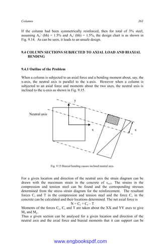 Columns 363
If the column had been symmetrically reinforced, then for total of 3% steel,
assuming As
'
/ (bh) = 1.5% and As/ (bh) = 1.5%, the design chart is as shown in
Fig. 9.14. As can be seen, it leads to an unsafe design.
9.4 COLUMN SECTIONS SUBJECTED TO AXIAL LOAD AND BIAXIAL
BENDING
9.4.1 Outline of the Problem
When a column is subjected to an axial force and a bending moment about, say, the
x-axis, the neutral axis is parallel to the x-axis. However when a column is
subjected to an axial force and moments about the two axes, the neutral axis is
inclined to the x-axis as shown in Fig. 9.15.
Fig. 9.15 Biaxial bending causes inclined neutral axis.
For a given location and direction of the neutral axis the strain diagram can be
drawn with the maximum strain in the concrete of εcu3. The strains in the
compression and tension steel can be found and the corresponding stresses
determined from the stress–strain diagram for the reinforcement. The resultant
forces Cs and T in the compression and tension steel and the force Cc in the
concrete can be calculated and their locations determined. The net axial force is
N = Cc + Cs – T
Moments of the forces Cc, Cs and T are taken about the XX and YY axes to give
Mx and My.
Thus a given section can be analysed for a given location and direction of the
neutral axis and the axial force and biaxial moments that it can support can be
x
y
Neutral axis
x
www.engbookspdf.com
 