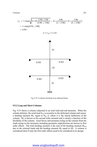 Columns 381




56
.
4
]
80
.
1
;
56
.
4
max[
}]
)
96
.
3
1
(
96
.
3
1
{
}
)
96
.
3
1
(
96
.
3
1
{
;
}
)
96
.
3
96
.
3
(
96
.
3
96
.
3
10
1
{
max[
0













0
.
1
/
0 

 

Fig. 9.32 A column sub-frame in an unbraced frame.
9.5.2 Long and Short Columns
Fig. 9.33 shows a column subjected to an axial load and end moments. When the
column deforms, the axial load NEd is eccentric to the deformed column and causes
a bending moment M2, equal to NEd δ, where δ is the lateral deflection of the
column. M2 is known as the second order moment and is clearly a function of the
flexibility of the column. Axial forces and moments acting on the column from the
loads acting on the structures including geometric imperfections are known as first
order effects. The total bending moment is the sum of the bending moment MoEd
due to the external loads and the bending moment M2 equal to Nδ. A column is
considered short if only the first order effects need to be considered in its design.
EI
EI
EI
0.5EI
0.5EI
0.5EI
0.5EI
www.engbookspdf.com
 
