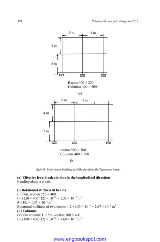 384 Reinforced concrete design to EC 2
Fig.9.35 Multi-storey building: (a) Side elevation. (b) Transverse frame.
(a) Effective length calculations in the longitudinal direction
Bending about z-z axis:
(i) Rotational stiffness of beams
L = 5m, section 250 × 400
I = (250 × 4003
/12) × 10−12
= 1.33 × 10−3
m4
4 × I/L = 1.33 × 10−3
m3
Rotational stiffness of two beams = 2 ×1.33 × 10−3
= 2.67 × 10−3
m3
(ii) Columns
Bottom column: L = 5m, section 300 × 400
I = (300 × 4003
/12) × 10−12
= 1.60 × 10−3
m4
5 m 8 m
4 m
5 m
Beams 500 × 300
Columns 400 × 300
(b
)
5 m 5 m
4 m
5 m
Beams 400 × 250
Columns 400 × 300
(a)
www.engbookspdf.com
 