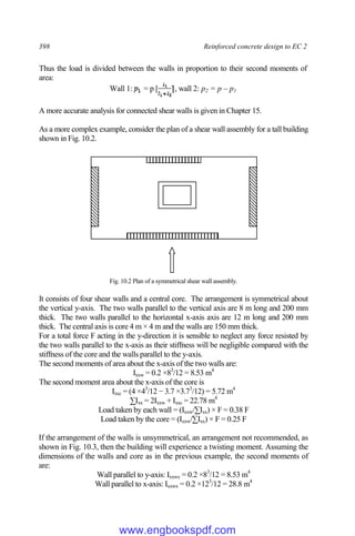 398 Reinforced concrete design to EC 2
Thus the load is divided between the walls in proportion to their second moments of
area:
Wall 1: = p [
p [ , wall 2: p2 = p – p1
A more accurate analysis for connected shear walls is given in Chapter 15.
As a more complex example, consider the plan of a shear wall assembly for a tall building
shown in Fig. 10.2.
Fig. 10.2 Plan of a symmetrical shear wall assembly.
It consists of four shear walls and a central core. The arrangement is symmetrical about
the vertical y-axis. The two walls parallel to the vertical axis are 8 m long and 200 mm
thick. The two walls parallel to the horizontal x-axis axis are 12 m long and 200 mm
thick. The central axis is core 4 m × 4 m and the walls are 150 mm thick.
For a total force F acting in the y-direction it is sensible to neglect any force resisted by
the two walls parallel to the x-axis as their stiffness will be negligible compared with the
stiffness of the core and the walls parallel to the y-axis.
The second moments of area about the x-axis of the two walls are:
Ixxw = 0.2 ×83
/12 = 8.53 m4
The second moment area about the x-axis of the core is
Ixxc = (4 ×43
/12 − 3.7 ×3.73
/12) = 5.72 m4
∑Ixx = 2Ixxw + Ixxc = 22.78 m4
Load taken by each wall = (Ixxw/∑Ixx) × F = 0.38 F
Load taken by the core = (Ixxw/∑Ixx) × F = 0.25 F
If the arrangement of the walls is unsymmetrical, an arrangement not recommended, as
shown in Fig. 10.3, then the building will experience a twisting moment. Assuming the
dimensions of the walls and core as in the previous example, the second moments of
are:
Wall parallel to y-axis: Ixxwy = 0.2 ×83
/12 = 8.53 m4
Wall parallel to x-axis: Ixxwx = 0.2 ×123
/12 = 28.8 m4
www.engbookspdf.com
 