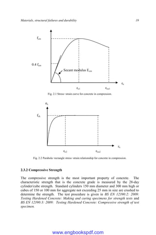 Materials, structural failures and durability 19
Fig. 2.1 Stress−strain curve for concrete in compression.
Fig. 2.2 Parabola−rectangle stress−strain relationship for concrete in compression.
2.3.2 Compressive Strength
The compressive strength is the most important property of concrete. The
characteristic strength that is the concrete grade is measured by the 28-day
cylinder/cube strength. Standard cylinders 150 mm diameter and 300 mm high or
cubes of 150 or 100 mm for aggregate not exceeding 25 mm in size are crushed to
determine the strength. The test procedure is given in BS EN 12390:2: 2009:
Testing Hardened Concrete: Making and curing specimens for strength tests and
BS EN 12390:3: 2009: Testing Hardened Concrete: Compressive strength of test
specimen.
fck
εc2 εcu2
εc
σc
fcm
0.4 fcm
Secant modulus Ecm
εc1 εcu1
εc
www.engbookspdf.com
 