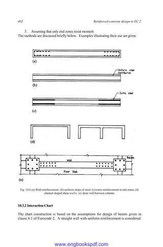 402 Reinforced concrete design to EC 2
3. Assuming that only end zones resist moment
The methods are discussed briefly below. Examples illustrating their use are given.
Fig. 10.6 (a) Wall reinforcement: (b) uniform strips of steel; (c) extra reinforcement in end zones; (d)
channel-shaped shear walls; (e) shear wall between columns.
10.3.2 Interaction Chart
The chart construction is based on the assumptions for design of beams given in
clause 6.1 of Eurocode 2. A straight wall with uniform reinforcement is considered.
www.engbookspdf.com
 