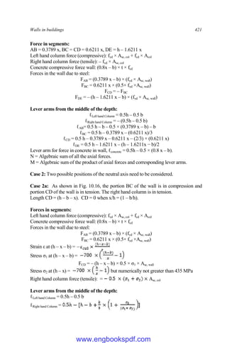 Walls in buildings 421
Force in segments:
AB = 0.3789 x, BC = CD = 0.6211 x, DE = h – 1.6211 x
Left hand column force (compressive): fyd × Asc, col + fcd × Acol
Right hand column force (tensile): – fyd × Asc, col
Concrete compressive force wall: (0.8x – b) × t × fcd
Forces in the wall due to steel:
FAB = (0.3789 x – b) × (fyd × Asc, wall)
FBC = 0.6211 x × (0.5× fyd ×Asc, wall)
FCD = – FBC
FDE = – (h – 1.6211 x – b) × (fyd × Asc, wall)
Lever arms from the middle of the depth:
ℓLeft hand Column = 0.5h – 0.5 b
ℓRight hand Column = – (0.5h – 0.5 b)
ℓAB= 0.5 h – b – 0.5 × (0.3789 x – b) – b
ℓBC = 0.5 h – 0.3789 x – (0.6211 x)/3
ℓCD = 0.5 h – 0.3789 x – 0.6211 x – (2/3) × (0.6211 x)
ℓDE = 0.5 h – 1.6211 x – (h – 1.6211x − b)/2
Lever arm for force in concrete in wall, ℓconcrete = 0.5h – 0.5 × (0.8 x – b).
N = Algebraic sum of all the axial forces.
M = Algebraic sum of the product of axial forces and corresponding lever arms.
Case 2: Two possible positions of the neutral axis need to be considered.
Case 2a: As shown in Fig. 10.16, the portion BC of the wall is in compression and
portion CD of the wall is in tension. The right hand column is in tension.
Length CD = (h – b – x). CD = 0 when x/h = (1 – b/h).
Forces in segments:
Left hand column force (compressive): fyd × Asc, col + fcd × Acol
Concrete compressive force wall: (0.8x – b) × t × fcd
Forces in the wall due to steel:
FAB = (0.3789 x – b) × (fyd × Asc, wall)
FBC = 0.6211 x × (0.5× fyd ×Asc, wall)
Strain ε at (h – x – b) =
Stress σ1 at (h – x – b) =
FCD = – (h – x – b) × 0.5 × σ1 × Asc, wall
Stress σ2 at (h – x) = but numerically not greater than 435 MPa
Right hand column force (tensile): = Asc, col
Lever arms from the middle of the depth:
ℓLeft hand Column = 0.5h – 0.5 b
ℓRight hand Column =
www.engbookspdf.com
 