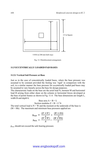 446 Reinforced concrete design to EC 2
Fig. 11.3 Reinforcement arrangement.
11.5 ECCENTRICALLY LOADED PAD BASES
11.5.1 Vertical Soil Pressure at Base
Just as in the case of concentrically loaded bases, where the base pressure was
assumed to be constant provided the footing was ‘rigid’ in comparison with the
soil, in a similar manner the base pressure for eccentrically loaded pad bases may
be assumed to vary linearly across the base for design purposes.
The characteristic loads on the base are the axial load N, moment M and horizontal
load H arising from either shear on the column or horizontal forces developed at
the base of portal frames as shown in Fig. 11.4. The base dimensions are length L,
width B and depth h.
Base area A = B × L
Section modulus Z = B × L2
/6
The total vertical load is N + W and the moment at the underside of the base is
(M + Hh). The maximum and minimum base pressures applied are
pmax should not exceed the safe bearing pressure.
11H16 at 240 mm both ways
2.5 m Square
www.engbookspdf.com
 