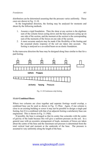 Foundations 463
distribution can be determined assuming that the pressure varies uniformly. These
cases are shown in Fig. 11.18.
In the longitudinal direction, the footing may be analysed for moments and
shears by the following methods.
1. Assume a rigid foundation. Then the shear at any section is the algebraic
sum of the column forces acting down and the base pressure acting up on
one side of the section, and the moment at the section is the corresponding
sum of the moments of the forces on one side of the section.
2. A more accurate analysis may be made if the flexibility of the footing and
the assumed elastic response of the soil are taken into account. The
footing is analysed as a so-called beam on an elastic foundation.
In the transverse direction the base may be designed along lines similar to that for a
pad footing.
Fig. 11.18 Continuous strip footing.
11.6.4 Combined Bases
Where two columns are close together and separate footings would overlap, a
combined base can be used as shown in Fig. 11.19(a). Again, if one column is
close to an existing building or sewer it may not be possible to design a single pad
footing, but if it is combined with that of an adjacent footing a satisfactory base can
engineered. This is shown in Fig. 11.19(b).
If possible, the base is arranged so that its centre line coincides with the centre
of gravity of the loads because this will give a uniform pressure on the soil. In a
general case with an eccentric arrangement of loads, moments of forces are taken
about the centre of the base and the maximum soil pressure is determined from the
total vertical load and moment at the underside of the base. The pressure is
assumed to vary uniformly along the length of the base.
www.engbookspdf.com
 