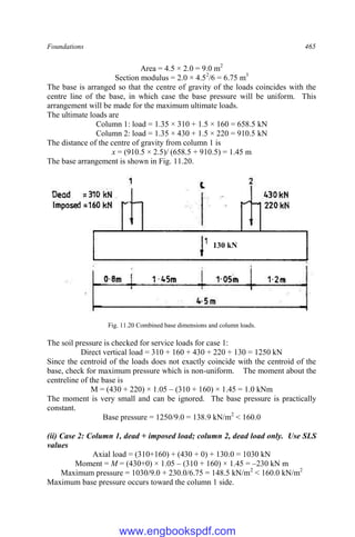 Foundations 465
Area = 4.5 × 2.0 = 9.0 m2
Section modulus = 2.0 × 4.52
/6 = 6.75 m3
The base is arranged so that the centre of gravity of the loads coincides with the
centre line of the base, in which case the base pressure will be uniform. This
arrangement will be made for the maximum ultimate loads.
The ultimate loads are
Column 1: load = 1.35 × 310 + 1.5 × 160 = 658.5 kN
Column 2: load = 1.35 × 430 + 1.5 × 220 = 910.5 kN
The distance of the centre of gravity from column 1 is
x = (910.5 × 2.5)/ (658.5 + 910.5) = 1.45 m
The base arrangement is shown in Fig. 11.20.
Fig. 11.20 Combined base dimensions and column loads.
The soil pressure is checked for service loads for case 1:
Direct vertical load = 310 + 160 + 430 + 220 + 130 = 1250 kN
Since the centroid of the loads does not exactly coincide with the centroid of the
base, check for maximum pressure which is non-uniform. The moment about the
centreline of the base is
M = (430 + 220) × 1.05 – (310 + 160) × 1.45 = 1.0 kNm
The moment is very small and can be ignored. The base pressure is practically
constant.
Base pressure = 1250/9.0 = 138.9 kN/m2
< 160.0
(ii) Case 2: Column 1, dead + imposed load; column 2, dead load only. Use SLS
values
Axial load = (310+160) + (430 + 0) + 130.0 = 1030 kN
Moment = M = (430+0) × 1.05 – (310 + 160) × 1.45 = –230 kN m
Maximum pressure = 1030/9.0 + 230.0/6.75 = 148.5 kN/m2
< 160.0 kN/m2
Maximum base pressure occurs toward the column 1 side.
130 kN
www.engbookspdf.com
 