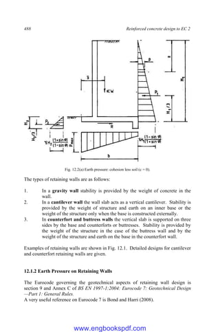488 Reinforced concrete design to EC 2
Fig. 12.2(a) Earth pressure: cohesion less soil (c = 0).
The types of retaining walls are as follows:
1. In a gravity wall stability is provided by the weight of concrete in the
wall.
2. In a cantilever wall the wall slab acts as a vertical cantilever. Stability is
provided by the weight of structure and earth on an inner base or the
weight of the structure only when the base is constructed externally.
3. In counterfort and buttress walls the vertical slab is supported on three
sides by the base and counterforts or buttresses. Stability is provided by
the weight of the structure in the case of the buttress wall and by the
weight of the structure and earth on the base in the counterfort wall.
Examples of retaining walls are shown in Fig. 12.1. Detailed designs for cantilever
and counterfort retaining walls are given.
12.1.2 Earth Pressure on Retaining Walls
The Eurocode governing the geotechnical aspects of retaining wall design is
section 9 and Annex C of BS EN 1997-1:2004: Eurocode 7: Geotechnical Design
—Part 1: General Rules.
A very useful reference on Eurocode 7 is Bond and Harri (2008).
www.engbookspdf.com
 