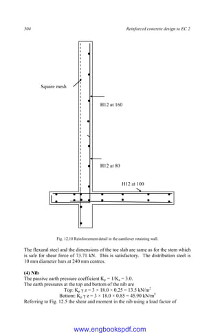 504 Reinforced concrete design to EC 2
Fig. 12.10 Reinforcement detail in the cantilever retaining wall.
The flexural steel and the dimensions of the toe slab are same as for the stem which
is safe for shear force of 73.71 kN. This is satisfactory. The distribution steel is
10 mm diameter bars at 240 mm centres.
(4) Nib
The passive earth pressure coefficient Kp = 1/Ka = 3.0.
The earth pressures at the top and bottom of the nib are
Top: Kp γ z = 3 × 18.0 × 0.25 = 13.5 kN/m2
Bottom: Kp γ z = 3 × 18.0 × 0.85 = 45.90 kN/m2
Referring to Fig. 12.5 the shear and moment in the nib using a load factor of
H12 at 80
H12 at 160
Square mesh
H12 at 100
www.engbookspdf.com
 