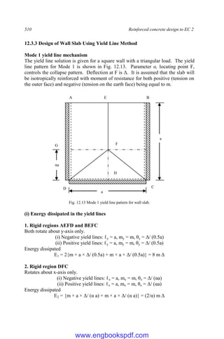 510 Reinforced concrete design to EC 2
12.3.3 Design of Wall Slab Using Yield Line Method
Mode 1 yield line mechanism
The yield line solution is given for a square wall with a triangular load. The yield
line pattern for Mode 1 is shown in Fig. 12.13. Parameter α, locating point F,
controls the collapse pattern. Deflection at F is Δ. It is assumed that the slab will
be isotropically reinforced with moment of resistance for both positive (tension on
the outer face) and negative (tension on the earth face) being equal to m.
Fig. 12.13 Mode 1 yield line pattern for wall slab.
(i) Energy dissipated in the yield lines
1. Rigid regions AEFD and BEFC
Both rotate about y-axis only.
(i) Negative yield lines: ℓy = a, my = m, θy = Δ/ (0.5a)
(ii) Positive yield lines: ℓy = a, my = m, θy = Δ/ (0.5a)
Energy dissipated
E1 = 2{m × a × Δ/ (0.5a) + m × a × Δ/ (0.5a)} = 8 m Δ
2. Rigid region DFC
Rotates about x-axis only.
(i) Negative yield lines: ℓx = a, mx = m, θx = Δ/ (αa)
(ii) Positive yield lines: ℓx = a, mx = m, θx = Δ/ (αa)
Energy dissipated
E2 = {m × a × Δ/ (α a) + m × a × Δ/ (α a)} = (2/α) m Δ
x
y
x
A E B
C
H
D
F
G
a
a
αa
www.engbookspdf.com
 