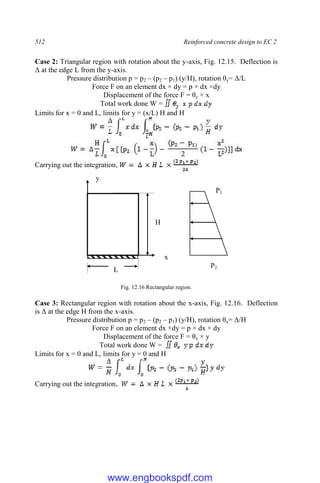 512 Reinforced concrete design to EC 2
Case 2: Triangular region with rotation about the y-axis, Fig. 12.15. Deflection is
Δ at the edge L from the y-axis.
Pressure distribution p = p2 – (p2 – p1) (y/H), rotation θy= Δ/L
Force F on an element dx × dy = p × dx ×dy
Displacement of the force F = θy × x
Total work done W =
y
Limits for x = 0 and L, limits for y = (x/L) H and H
Carrying out the integration,
Fig. 12.16 Rectangular region.
Case 3: Rectangular region with rotation about the x-axis, Fig. 12.16. Deflection
is Δ at the edge H from the x-axis.
Pressure distribution p = p2 – (p2 – p1) (y/H), rotation θx= Δ/H
Force F on an element dx ×dy = p × dx × dy
Displacement of the force F = θx × y
Total work done W =
Limits for x = 0 and L, limits for y = 0 and H
Carrying out the integration,
y
x
L
H
P1
P2
www.engbookspdf.com
 