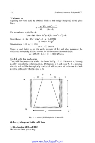 514 Reinforced concrete design to EC 2
5. Moment m
Equating the work done by external loads to the energy dissipated at the yield
lines,
)
1
4
(
)
4
6
(
48
3
2
3








a
m
For a maximum m, dm/dα = 0
0
)
4
6
(
4
)
3
8
6
)(
1
4
( 3
2
2






 





Simplifying, 0
8
13
8
6 3
2



 

 , α = 0.483312
m = 0.014762 γa3
,
Substituting a = 5.0 m, γ = 18.0,
m = 33.22 kNm/m
Using a load factor γQ on the earth pressure of 1.5 and also increasing the
calculated moment by 10% to account for the formation of corner levers,
m = (33.22 × 1.5) × 1.1 = 54.80 kNm/m
Mode 2 yield line mechanism
The yield line pattern for Mode 1 is shown in Fig. 12.18. Parameter α, locating
point F, controls the collapse pattern. Deflections at F and E are Δ. It is assumed
that the slab will be isotropically reinforced with moment of resistance for both
positive and negative being equal to m.
Fig. 12.18 Mode 2 yield line pattern for wall slab.
(i) Energy dissipated in the yield lines
1. Rigid region AFD and BEC
Both rotate about y-axis only.
A
B
C
D
E
F
a
a
αa αa
www.engbookspdf.com
 