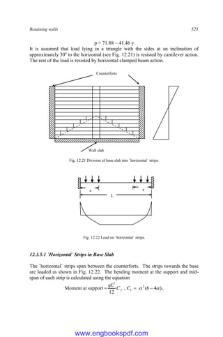 Retaining walls 523
p = 71.88 – 41.46 y
It is assumed that load lying in a triangle with the sides at an inclination of
approximately 30o
to the horizontal (see Fig. 12.21) is resisted by cantilever action.
The rest of the load is resisted by horizontal clamped beam action.
Fig. 12.21 Division of base slab into `horizontal` strips.
Fig. 12.22 Load on `horizontal` strips.
12.3.5.1 `Horizontal` Strips in Base Slab
The `horizontal` strips span between the counterforts. The strips towards the base
are loaded as shown in Fig. 12.22. The bending moment at the support and mid-
span of each strip is calculated using the equation
Moment at support )
4
6
(
,
12
2
1
1
2

 

 C
C
qL
,
a a
L
Counterforts
Wall slab
www.engbookspdf.com
 
