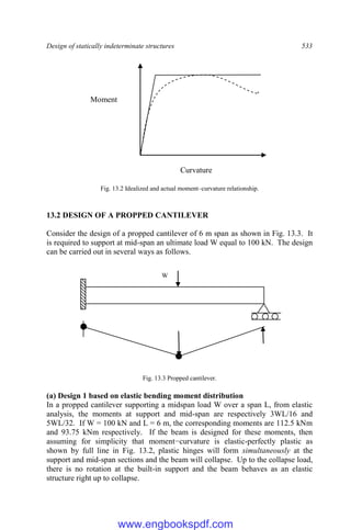 Design of statically indeterminate structures 533
Fig. 13.2 Idealized and actual moment–curvature relationship.
13.2 DESIGN OF A PROPPED CANTILEVER
Consider the design of a propped cantilever of 6 m span as shown in Fig. 13.3. It
is required to support at mid-span an ultimate load W equal to 100 kN. The design
can be carried out in several ways as follows.
Fig. 13.3 Propped cantilever.
(a) Design 1 based on elastic bending moment distribution
In a propped cantilever supporting a midspan load W over a span L, from elastic
analysis, the moments at support and mid-span are respectively 3WL/16 and
5WL/32. If W = 100 kN and L = 6 m, the corresponding moments are 112.5 kNm
and 93.75 kNm respectively. If the beam is designed for these moments, then
assuming for simplicity that moment−curvature is elastic-perfectly plastic as
shown by full line in Fig. 13.2, plastic hinges will form simultaneously at the
support and mid-span sections and the beam will collapse. Up to the collapse load,
there is no rotation at the built-in support and the beam behaves as an elastic
structure right up to collapse.
Moment
Curvature
W
www.engbookspdf.com
 