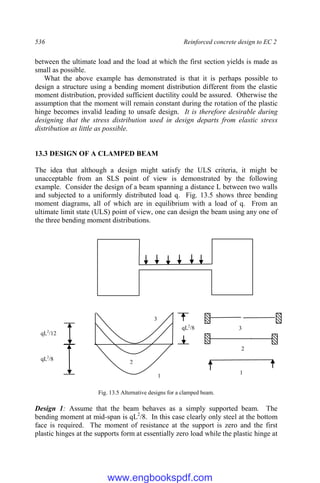 536 Reinforced concrete design to EC 2
between the ultimate load and the load at which the first section yields is made as
small as possible.
What the above example has demonstrated is that it is perhaps possible to
design a structure using a bending moment distribution different from the elastic
moment distribution, provided sufficient ductility could be assured. Otherwise the
assumption that the moment will remain constant during the rotation of the plastic
hinge becomes invalid leading to unsafe design. It is therefore desirable during
designing that the stress distribution used in design departs from elastic stress
distribution as little as possible.
13.3 DESIGN OF A CLAMPED BEAM
The idea that although a design might satisfy the ULS criteria, it might be
unacceptable from an SLS point of view is demonstrated by the following
example. Consider the design of a beam spanning a distance L between two walls
and subjected to a uniformly distributed load q. Fig. 13.5 shows three bending
moment diagrams, all of which are in equilibrium with a load of q. From an
ultimate limit state (ULS) point of view, one can design the beam using any one of
the three bending moment distributions.
Fig. 13.5 Alternative designs for a clamped beam.
Design 1: Assume that the beam behaves as a simply supported beam. The
bending moment at mid-span is qL2
/8. In this case clearly only steel at the bottom
face is required. The moment of resistance at the support is zero and the first
plastic hinges at the supports form at essentially zero load while the plastic hinge at
1
3
1
3
2
qL2
/12
qL2
/8
qL2
/8
2
www.engbookspdf.com
 