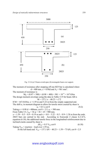 Design of statically indeterminate structures 559
Fig. 13.16 (a) T-beam at mid-span; (b) rectangular beam over support.
The moment of resistance after stopping off one H25 bar is calculated where
d = 400 mm, z = 0.98d and As = 981 mm2
.
The moment of resistance is
MR = (0.87 × 500) × (0.98 × 400) × 981 × 10−6
= 167 kNm
The design moment envelope using the data in Table 13.9 for beam AB is
M = 137.1 x – 40.23 × x2
/2
If M = 167.0 kNm, x =1.59 m and 5.22 m from the simply supported end.
The shift a1 in moment diagram to allow for tensile stress caused by shear is
a1 = 0.5 z cot θ (9.2)
Taking z ≈ 0.98 d = 400mm, cot θ = 2.5, a1 = 500 mm.
From Table 5.5, ℓbd = 36 φ = 36 × 25 = 900 mm.
x = 1.59 – 0.5 – 0.9 = 0.19 m and x = 8.0 − 5.22 − 0.5 – 0.9= 1.38 m from the ends.
2H25 bars are carried to the end. According to Eurocode 2 clause 6.2.3(7),
equation (6.18), the additional tensile force in the longitudinal reinforcement due to
inclined cracks caused by shear is
ΔFEd = 0.5 VEd cot θ (6.18)
Taking VEd ≈ reaction – load over 1.59 m,
At the left hand end: VEd = 137.1 kN − 40.23 × 1.59 = 73 kN, cot θ ≈ 2.5
3000
125
250
450
3H25
(a)
125
250
450
3H25
2H25
(b)
www.engbookspdf.com
 