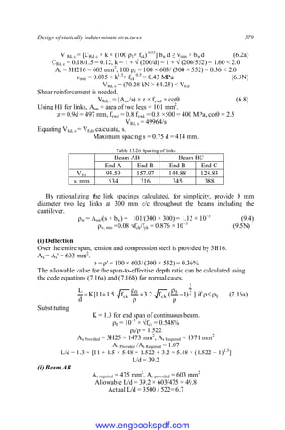 Design of statically indeterminate structures 579
V Rd, c = [CRd, c × k × (100 ρ1× fck) 0.33
] bw d ≥ vmin × bw d (6.2a)
CRd, c = 0.18/1.5 = 0.12, k = 1 + √ (200/d) = 1 + √ (200/552) = 1.60 < 2.0
As = 3H216 = 603 mm2
, 100 ρ1 = 100 × 603/ (300 × 552) = 0.36 < 2.0
vmin = 0.035 × k1.5
× fck
0.5
= 0.43 MPa (6.3N)
VRd, c = (70.28 kN > 64.25) < VEd
Shear reinforcement is needed.
VRd, s = (Asw/s) × z × fywd × cotθ (6.8)
Using H8 for links, Asw = area of two legs = 101 mm2
.
z = 0.9d = 497 mm, fywd = 0.8 fywk = 0.8 ×500 = 400 MPa, cotθ = 2.5
VRd, s = 49964/s
Equating VRd, s = VEd, calculate, s.
Maximum spacing s = 0.75 d = 414 mm.
Table 13.26 Spacing of links
Beam AB Beam BC
End A End B End B End C
VEd 93.59 157.97 144.88 128.83
s, mm 534 316 345 388
By rationalizing the link spacings calculated, for simplicity, provide 8 mm
diameter two leg links at 300 mm c/c throughout the beams including the
cantilever.
ρw = Asw/(s × bw) = 101/(300 × 300) = 1.12 × 10−3
(9.4)
ρw, min =0.08 √fck/fyk = 0.876 × 10−3
(9.5N)
(i) Deflection
Over the entire span, tension and compression steel is provided by 3H16.
As = As' = 603 mm2
.
ρ = ρ' = 100 × 603/ (300 × 552) = 0.36%
The allowable value for the span-to-effective depth ratio can be calculated using
the code equations (7.16a) and (7.16b) for normal cases.
0
2
3
0
ck
0
ck if
]
)
1
(
f
2
.
3
f
5
.
1
11
[
K
d
L










 (7.16a)
Substituting
K = 1.3 for end span of continuous beam.
ρ0 = 10−3
× √fck = 0.548%
ρ0/ρ = 1.522
As Provided = 3H25 = 1473 mm2
, As Required = 1371 mm2
As Provided /As Required = 1.07
L/d = 1.3 × [11 + 1.5 × 5.48 × 1.522 + 3.2 × 5.48 × (1.522 − 1)1.5
]
L/d = 39.2
(i) Beam AB
As required = 475 mm2
, As provided = 603 mm2
Allowable L/d = 39.2 × 603/475 = 49.8
Actual L/d = 3500 / 522= 6.7
www.engbookspdf.com
 