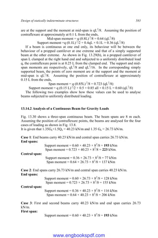 Design of statically indeterminate structures 583
are at the support and the moment at mid-span is qL2
/8. Assuming the position of
contraflexure at approximately at 0.1 L from the ends,
Mid-span moment = q (0.8L) 2
/8 = 0.64 (qL2
/8)
Support moment =q (0.1L) 2
/2 + 0.4qL × 0.1L = 0.36 (qL2
/8)
If a beam is continuous at one end only, its behaviour will be between the
behaviour of a propped cantilever at one extreme and that of a simply supported
beam at the other extreme. As shown in Fig. 13.29(b), in a propped cantilever of
span L clamped at the right hand end and subjected to a uniformly distributed load
q, the contraflexure point is at 0.25 L from the clamped end. The support and mid-
span moments are respectively, qL2
/8 and qL2
/16. In the corresponding simply
supported beam, the points of zero moment are at the support and the moment at
mid-span is qL2
/8. Assuming the position of contraflexure at approximately
0.15 L from the ends,
Span moment = q (0.85L) 2
/8 = 0.723 (qL2
/8)
Support moment = q (0.15 L) 2
/2 + 0.5 × 0.85 all × 0.15 L = 0.60 (qL2
/8)
The following two examples show how these values can be used to analyse
beams subjected to uniformly distributed loading.
13.14.2 Analysis of a Continuous Beam for Gravity Loads
Fig. 13.30 shows a three-span continuous beam. The beam spans are 8 m each.
Assuming the position of contraflexure points, the beams are analysed for the four
cases of loading as shown in Fig. 13.8.
It is given that 1.35Gk+1.5Qk = 40.23 kN/m and 1.35 Gk = 26.73 kN/m.
Case 1: End beams carry 40.23 kN/m and central span carries 26.73 kN/m.
End spans:
Support moment = 0.60 × 40.23 × 82
/8 = 193 kNm
Span moment = 0.723 × 40.23 × 82
/8 = 223 kNm.
Central span:
Support moment = 0.36 × 26.73 × 82
/8 = 77 kNm
Span moment = 0.64 × 26.73 × 82
/8 = 137 kNm
Case 2: End spans carry 26.73 kN/m and central span carries 40.23 kN/m.
End spans:
Support moment = 0.60 × 26.73 × 82
/8 = 128 kNm
Span moment = 0.723 × 26.73 × 82
/8 = 155 kNm
Central span:
Support moment = 0.36 × 40.23 × 82
/8 = 116 kNm
Span moment = 0.64 × 40.23 × 82
/8 = 206 kNm
Case 3: First and second beams carry 40.23 kN/m and end span carries 26.73
kN/m.
First span:
Support moment = 0.60 × 40.23 × 82
/8 = 193 kNm
www.engbookspdf.com
 