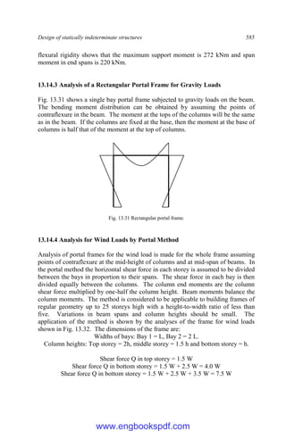 Design of statically indeterminate structures 585
flexural rigidity shows that the maximum support moment is 272 kNm and span
moment in end spans is 220 kNm.
13.14.3 Analysis of a Rectangular Portal Frame for Gravity Loads
Fig. 13.31 shows a single bay portal frame subjected to gravity loads on the beam.
The bending moment distribution can be obtained by assuming the points of
contraflexure in the beam. The moment at the tops of the columns will be the same
as in the beam. If the columns are fixed at the base, then the moment at the base of
columns is half that of the moment at the top of columns.
Fig. 13.31 Rectangular portal frame.
13.14.4 Analysis for Wind Loads by Portal Method
Analysis of portal frames for the wind load is made for the whole frame assuming
points of contraflexure at the mid-height of columns and at mid-span of beams. In
the portal method the horizontal shear force in each storey is assumed to be divided
between the bays in proportion to their spans. The shear force in each bay is then
divided equally between the columns. The column end moments are the column
shear force multiplied by one-half the column height. Beam moments balance the
column moments. The method is considered to be applicable to building frames of
regular geometry up to 25 storeys high with a height-to-width ratio of less than
five. Variations in beam spans and column heights should be small. The
application of the method is shown by the analyses of the frame for wind loads
shown in Fig. 13.32. The dimensions of the frame are:
Widths of bays: Bay 1 = L, Bay 2 = 2 L.
Column heights: Top storey = 2h, middle storey = 1.5 h and bottom storey = h.
Shear force Q in top storey = 1.5 W
Shear force Q in bottom storey = 1.5 W + 2.5 W = 4.0 W
Shear force Q in bottom storey = 1.5 W + 2.5 W + 3.5 W = 7.5 W
www.engbookspdf.com
 