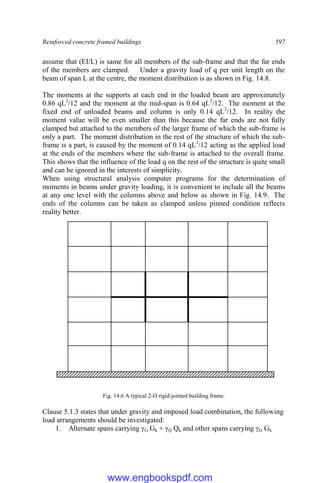 Reinforced concrete framed buildings 597
assume that (EI/L) is same for all members of the sub-frame and that the far ends
of the members are clamped. Under a gravity load of q per unit length on the
beam of span L at the centre, the moment distribution is as shown in Fig. 14.8.
The moments at the supports at each end in the loaded beam are approximately
0.86 qL2
/12 and the moment at the mid-span is 0.64 qL2
/12. The moment at the
fixed end of unloaded beams and column is only 0.14 qL2
/12. In reality the
moment value will be even smaller than this because the far ends are not fully
clamped but attached to the members of the larger frame of which the sub-frame is
only a part. The moment distribution in the rest of the structure of which the sub-
frame is a part, is caused by the moment of 0.14 qL2
/12 acting as the applied load
at the ends of the members where the sub-frame is attached to the overall frame.
This shows that the influence of the load q on the rest of the structure is quite small
and can be ignored in the interests of simplicity.
When using structural analysis computer programs for the determination of
moments in beams under gravity loading, it is convenient to include all the beams
at any one level with the columns above and below as shown in Fig. 14.9. The
ends of the columns can be taken as clamped unless pinned condition reflects
reality better.
Fig. 14.6 A typical 2-D rigid-jointed building frame.
Clause 5.1.3 states that under gravity and imposed load combination, the following
load arrangements should be investigated:
1. Alternate spans carrying γG Gk + γQ Qk and other spans carrying γG Gk
www.engbookspdf.com
 