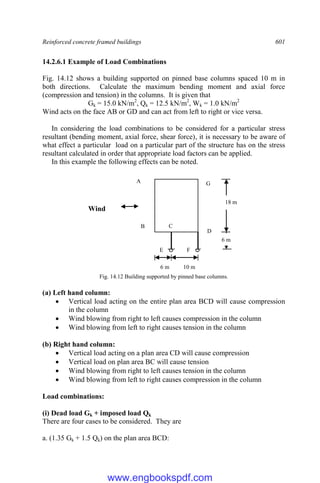 Reinforced concrete framed buildings 601
14.2.6.1 Example of Load Combinations
Fig. 14.12 shows a building supported on pinned base columns spaced 10 m in
both directions. Calculate the maximum bending moment and axial force
(compression and tension) in the columns. It is given that
Gk = 15.0 kN/m2
, Qk = 12.5 kN/m2
, Wk = 1.0 kN/m2
Wind acts on the face AB or GD and can act from left to right or vice versa.
In considering the load combinations to be considered for a particular stress
resultant (bending moment, axial force, shear force), it is necessary to be aware of
what effect a particular load on a particular part of the structure has on the stress
resultant calculated in order that appropriate load factors can be applied.
In this example the following effects can be noted.
Fig. 14.12 Building supported by pinned base columns.
(a) Left hand column:
 Vertical load acting on the entire plan area BCD will cause compression
in the column
 Wind blowing from right to left causes compression in the column
 Wind blowing from left to right causes tension in the column
(b) Right hand column:
 Vertical load acting on a plan area CD will cause compression
 Vertical load on plan area BC will cause tension
 Wind blowing from right to left causes tension in the column
 Wind blowing from left to right causes compression in the column
Load combinations:
(i) Dead load Gk + imposed load Qk
There are four cases to be considered. They are
a. (1.35 Gk + 1.5 Qk) on the plan area BCD:
18 m
6 m
10 m
6 m
A
B C
D
E F
G
Wind
www.engbookspdf.com
 