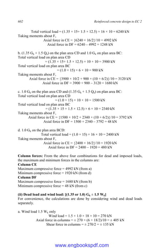 602 Reinforced concrete design to EC 2
Total vertical load = (1.35 × 15+ 1.5 × 12.5) × 16 × 10 = 6240 kN
Taking moments about F,
Axial force in CE = {6240 × 16/2}/10 = 4992 kN
Axial force in DF = 6240 – 4992 = 1248 kN
b. (1.35 Gk + 1.5 Qk) on the plan area CD and 1.0 Gk on plan area BC:
Total vertical load on plan area CD
= (1.35 × 15+ 1.5 × 12.5) × 10 × 10 = 3900 kN
Total vertical load on plan area BC
= (1.0 × 15) × 6 × 10 = 900 kN
Taking moments about F,
Axial force in CE = {3900 × 10/2 + 900 × (10 + 6/2)}/10 = 3120 kN
Axial force in DF = 3900 + 900 – 3120 = 1680 kN
c. 1.0 Gk on the plan area CD and (1.35 Gk + 1.5 Qk) on plan area BC:
Total vertical load on plan area CD
= (1.0 × 15) × 10 × 10 = 1500 kN
Total vertical load on plan area BC
= (1.35 × 15 + 1.5 × 12.5) × 6 × 10 = 2340 kN
Taking moments about F,
Axial force in CE = {1500 × 10/2 + 2340 × (10 + 6/2)}/10 = 3792 kN
Axial force in DF = 1500 + 2340 – 3792 = 48 kN
d. 1.0 Gk on the plan area BCD:
Total vertical load = (1.0 × 15) × 16 × 10 = 2400 kN
Taking moments about F,
Axial force in CE = {2400 × 16/2}/10 = 1920 kN
Axial force in DF = 2400 – 1920 = 480 kN
Column forces: From the above four combinations for dead and imposed loads,
the maximum and minimum forces in the columns are:
Column CE
Maximum compressive force = 4992 kN (from a)
Minimum compressive force = 1920 kN (from d)
Column DF
Maximum compressive force = 1680 kN (from b)
Minimum compressive force = 48 kN (from c)
(ii) Dead load and wind load: [(1.35 or 1.0) Gk ± 1.5 Wk]
For convenience, the calculations are done by considering wind and dead loads
separately.
a. Wind load 1.5 Wk only
Wind load = 1.5 × 1.0 × 18 × 10 = 270 kN
Axial force in columns = ± 270 × (6 + 18/2)/10 = ± 405 kN
Shear force in columns = ± 270/2 = ± 135 kN
www.engbookspdf.com
 