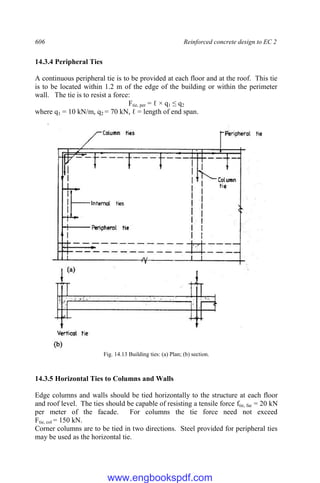 606 Reinforced concrete design to EC 2
14.3.4 Peripheral Ties
A continuous peripheral tie is to be provided at each floor and at the roof. This tie
is to be located within 1.2 m of the edge of the building or within the perimeter
wall. The tie is to resist a force:
Ftie, per = ℓ × q1 ≤ q2
where q1 = 10 kN/m, q2 = 70 kN, ℓ = length of end span.
Fig. 14.13 Building ties: (a) Plan; (b) section.
14.3.5 Horizontal Ties to Columns and Walls
Edge columns and walls should be tied horizontally to the structure at each floor
and roof level. The ties should be capable of resisting a tensile force ftie, fac = 20 kN
per meter of the facade. For columns the tie force need not exceed
Ftie, col = 150 kN.
Corner columns are to be tied in two directions. Steel provided for peripheral ties
may be used as the horizontal tie.
www.engbookspdf.com
 