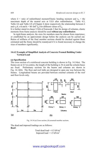608 Reinforced concrete design to EC 2
where δ = ratio of redistributed moment/Elastic bending moment and xu = the
maximum depth of the neutral axis at ULS after redistribution. Table 4.5,
Table 4.6 and Table 4.8 of Chapter 4 show respectively the relationship between δ
and xu/d, z/d and k = M/ (bd2
fck) for different values of fck.
It is further stated in clause 5.5(6) of Eurocode 2 that for design of columns, elastic
moments from frame analysis should be used without any redistribution.
In rigid-frame analysis, the sizes for members must be chosen from experience;
or established by an approximate design before the analysis can be carried out.
Ratios of stiffness of the final member sections should be checked against those
estimated and the frame should be reanalysed if it is found necessary to change the
sizes of members significantly.
14.4.2 Example of Simplified Analysis of Concrete Framed Building Under
Vertical Load
(a) Specification
The cross section of a reinforced concrete building is shown in Fig. 14.14(a). The
frames are at 4.5 m centres, the length of the building is 36 m and the column bases
are fixed. Preliminary sections for the beams and columns are shown in
Fig. 14.14(b). The floor and roof slabs are designed to span one way between the
frames. Longitudinal beams are provided between external columns of the roof
and floor levels only.
Fig. 14.14 (a) Cross section; (b) assumed member sections.
The dead and imposed loadings are as follows:
Roof:
Total dead load = 4.3 kN/m2
Imposed load = 1.5 kN/m2
www.engbookspdf.com
 