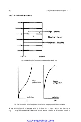 644 Reinforced concrete design to EC 2
15.3.5 Wall-Frame Structures
Fig. 15.3 Rigid-jointed frame model for a coupled shear wall.
(a) (b)
Fig. 15.4 Shear mode and bending mode of deflection of rigid-jointed frames and walls.
When rigid-jointed structures which deflect in a shear mode as shown in
Fig. 15.4(a) are combined with shear walls which deflect in a flexural mode as
www.engbookspdf.com
 
