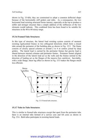 Tall buildings 645
shown in Fig. 15.4(b), they are constrained to adopt a common deflected shape
because of the horizontally stiff girders and slabs. As a consequence, the two
horizontal load resisting structural forms interact, especially at the top to produce a
stiffer and stronger structure than a simple addition of the stiffnesses of the two
elements would indicate. This combined form has been found to be suitable for
structures in the 40 to 60 storey range.
15.3.6 Framed Tube Structures
In this type of structure, the lateral load resisting system consists of moment
resisting rigid-jointed frames in two orthogonal directions which form a closed
tube around the perimeter of the building plan as shown in Fig. 15.5. The frame
consists of closely spaced columns at around 2 to 4 m centres joined by deep
girders. The lateral load is carried by the perimeter frames but gravity load is
shared between internal columns and perimeter frames. Perimeter frames aligned
in the direction of the lateral load act as the webs and the frames normal to the
direction of loading act as the flanges of the massive box cantilever. Inevitably,
with a wide flange, shear lag effect as shown in Fig. 15.5 makes the flanges much
less efficient.
Fig. 15.5 Framed tube structure.
15.3.7 Tube-in-Tube Structures
This is similar to framed tube structures except that apart from the perimeter tube
there is an internal tube formed of a service core and lift cores as shown in
Fig. 15.6. Both tubes participate in resisting lateral loads.
Stress
profiles
www.engbookspdf.com
 