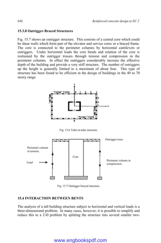 646 Reinforced concrete design to EC 2
15.3.8 Outrigger-Braced Structures
Fig. 15.7 shows an outrigger structure. This consists of a central core which could
be shear walls which form part of the elevator and service cores or a braced frame.
The core is connected to the perimeter columns by horizontal cantilevers or
outriggers. Under horizontal loads the core bends and rotation of the core is
restrained by the outrigger trusses through tension and compression in the
perimeter columns. In effect the outriggers considerably increase the effective
depth of the building and provide a very stiff structure. The number of outriggers
up the height is generally limited to a maximum of about four. This type of
structure has been found to be efficient in the design of buildings in the 40 to 70
storey range.
Fig. 15.6 Tube-in-tube structure.
Fig. 15.7 Outrigger braced structure.
15.4 INTERACTION BETWEEN BENTS
The analysis of a tall building structure subject to horizontal and vertical loads is a
three-dimensional problem. In many cases, however, it is possible to simplify and
reduce this to a 2-D problem by splitting the structure into several smaller two-
Core
Outrigger truss
Perimeter column in
compression.
Perimeter column
in tension.
Load
www.engbookspdf.com
 