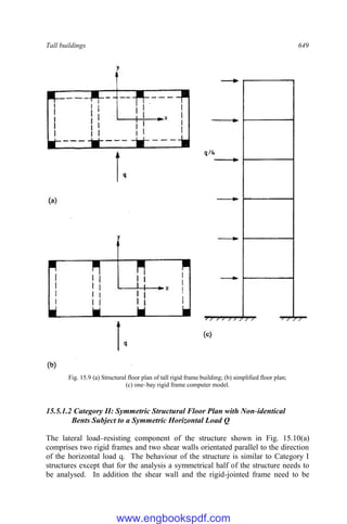 Tall buildings 649
Fig. 15.9 (a) Structural floor plan of tall rigid frame building; (b) simplified floor plan;
(c) one–bay rigid frame computer model.
15.5.1.2 Category II: Symmetric Structural Floor Plan with Non-identical
Bents Subject to a Symmetric Horizontal Load Q
The lateral load–resisting component of the structure shown in Fig. 15.10(a)
comprises two rigid frames and two shear walls orientated parallel to the direction
of the horizontal load q. The behaviour of the structure is similar to Category I
structures except that for the analysis a symmetrical half of the structure needs to
be analysed. In addition the shear wall and the rigid-jointed frame need to be
www.engbookspdf.com
 
