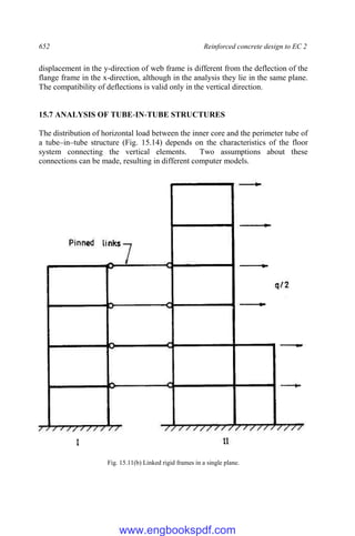 652 Reinforced concrete design to EC 2
displacement in the y-direction of web frame is different from the deflection of the
flange frame in the x-direction, although in the analysis they lie in the same plane.
The compatibility of deflections is valid only in the vertical direction.
15.7 ANALYSIS OF TUBE-IN-TUBE STRUCTURES
The distribution of horizontal load between the inner core and the perimeter tube of
a tube–in–tube structure (Fig. 15.14) depends on the characteristics of the floor
system connecting the vertical elements. Two assumptions about these
connections can be made, resulting in different computer models.
Fig. 15.11(b) Linked rigid frames in a single plane.
www.engbookspdf.com
 