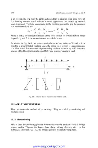 658 Reinforced concrete design to EC 2
at an eccentricity of e from the centroidal axis, then in addition to an axial force of
P, a bending moment equal to Pe of a nature opposite to that caused by external
loads is created. The total stresses due to the bending moment M and the prestress
P at an eccentricity e are
t
t
top
z
M
z
Pe
A
P
f 


 ,
b
b
bottom
z
M
z
Pe
A
P
f 



where zt and zb are the section moduli of the cross section for top and bottom fibres
respectively and A is the cross sectional area of the beam.
As shown in Fig. 16.1, by proper manipulation of the values of P and e, it is
possible to ensure that at working loads, the entire cross section is in compression.
It is often stated that one tonne of prestressing steel can result in up to 15 times the
amount of building that is made possible by one tonne of structural steel.
Fig. 16.1 Stresses due to prestress and external loads.
16.2 APPLYING PRESTRESS
There are two main methods of prestressing. They are called pretensioning and
posttensioning.
16.2.1 Pretensioning
This is used for producing precast prestressed concrete products such as bridge
beams, double T-beams for floors, floor slabs, railway sleepers, etc. In this
method, as shown in Fig. 16.2, the process consists of the following steps.
P P
e
X
X
+ + =
www.engbookspdf.com
 