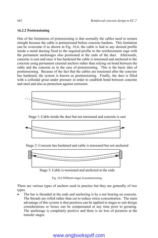 662 Reinforced concrete design to EC 2
16.2.2 Posttensioning
One of the limitations of pretensioning is that normally the cables need to remain
straight because the cable is pretensioned before concrete hardens. This limitation
can be overcome if as shown in Fig. 16.6, the cable is laid to any desired profile
inside a metal ducting fixed to the required profile to the reinforcement cage with
the permanent anchorages also positioned at the ends of the duct. Afterwards,
concrete is cast and once it has hardened the cable is tensioned and anchored to the
concrete using permanent external anchors rather than relying on bond between the
cable and the concrete as in the case of pretensioning. This is the basic idea of
posttensioning. Because of the fact that the cables are tensioned after the concrete
has hardened, the system is known as posttensioning. Finally, the duct is filled
with a colloidal grout under pressure in order to establish bond between concrete
and steel and also as protection against corrosion.
Stage 1: Cable inside the duct but not tensioned and concrete is cast
Stage 2: Concrete has hardened and cable is tensioned but not anchored
Stage 3: Cable is tensioned and anchored at the ends
Fig. 16.6 Different stages in posttensioning.
There are various types of anchors used in practice but they are generally of two
types.
 The bar is threaded at the ends and anchoring is by a nut bearing on concrete.
The threads are rolled rather than cut to reduce stress concentration. The main
advantage of this system is that prestress can be applied in stages to suit design
considerations or losses can be compensated at any time prior to grouting.
The anchorage is completely positive and there is no loss of prestress at the
transfer stages.
www.engbookspdf.com
 