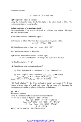 Prestressed concrete 691
ε > 7.467 ×10−3
, σ = 1456 MPa
(e) Compressive stress in concrete
Using the rectangular stress block, the depth of the stress block is 0.8x. The
compressive stress in concrete is fcd.
(f) Determination of neutral axis depth x
The determination of the neutral axis depth is a trial and error process. The steps
involved are as follows.
(i) Assume a value for neutral axis depth, x
(ii) Calculate at different levels a, the bending strain in εb in the cables
εb = 3.5 × 10−3
(a/x – 1.0)
(iii) Calculate the total strain ε = εpe + εb, εpe = 4.28 × 10−3
(iv) Calculate the stress σ in the cables
(v) Calculate the total tensile force F in each layer
F = σ × (Area of cable= 150 mm2
) × No. of cables in the layer
(vi) Total tensile force T = ΣF
(vi) Calculate the total compressive force C:
(a) If x ≤ depth of slab (= 160 mm), C = fcd Slab × 1000 × (0.8 x)
(b) If x > (depth of slab = 160 mm), CSlab = fcd Slab × (1000 × 160),
CBeam = fcd beam × (0.8x – 160) × 300, C = CSlab + CBeam
fcd, slab = 30/1.5 = 20 MPa, fcd, beam = 40/1.5 = 26.7 MPa
(vii) Check whether T = C. If not go back to step (i) and repeat. If T > C then
choose a larger value of x and vice versa. Larger value of x increases the
compression area and also reduces the bending strain in steel.
(g) Trial 1
Assume x = 600 mm.
Table 16.5 summarizes the calculation of forces in layers.
F = σ × No. of cables in the layer × 150 × 10−3
kN
Cslab = 20 × 1000 × 160 × 10−3
= 3200 kN
Cbeam = 26.7× (0.8x – 160) × 300 × 10−3
= 2560 kN
C = Cslab + Cbeam = 3200 + 2560 = 5760 kN
T – C = 52 kN
Since T > C, increase the value of x and repeat.
www.engbookspdf.com
 