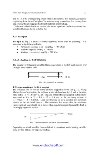 Limit state design and structural analysis 51
and by 1.0 if the total resulting action effect is favourable. For example, all actions
originating from the self weight of the structure may be considered as coming from
one source; this also apples if different materials are involved.’
If only two variable loads are present, the above equations can be represented in a
simplified form as shown in Table 3.2.
3.2.4 Examples
Example 1: Fig. 3.1 shows a simply supported beam with an overhang. It is
subjected to the following loads.
 Permanent load due to self weight gk = 10.0 kN/m
 Variable imposed load qk = 15 kN/m
 Variable concentrated load Qk = 25 kN/m
3.2.4.1 Checking for EQU (Stability)
The structure will become unstable if tension develops in the left hand support or if
the right hand support sinks.
Fig. 3.1 A beam with an overhang.
1. Tension reaction at the first support
The influence line for tension at the left hand support is shown in Fig. 3.2. Using
Muller-Breslau’s principle, the ordinate at the left hand end is 1.0 and at the right
hand end is 1.0 × (1.5/12) = 0.125. The area of the influence diagram in the simply
supported section is ½ × 1.0 × 12 = 6.0 and in the overhang section is
½ × 0.125 × 1.5 = 0.09375. Load the structure so as to develop the maximum
tension at the left hand support. The influence line shows that the maximum
(unfavourable) load should be in the overhang and minimum (favourable) load in
the simply supported section.
Fig. 3.2 Influence line for reaction at left hand support.
Depending on which variable (imposed) load is considered as the leading variable,
there are two options for imposed loading.
12 m 1.5 m
1.0
0.125
www.engbookspdf.com
 