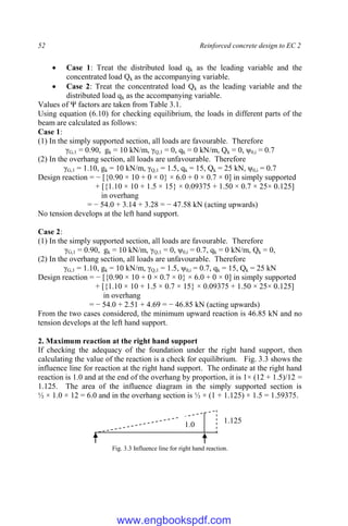 52 Reinforced concrete design to EC 2
 Case 1: Treat the distributed load qk as the leading variable and the
concentrated load Qk as the accompanying variable.
 Case 2: Treat the concentrated load Qk as the leading variable and the
distributed load qk as the accompanying variable.
Values of Ψ factors are taken from Table 3.1.
Using equation (6.10) for checking equilibrium, the loads in different parts of the
beam are calculated as follows:
Case 1:
(1) In the simply supported section, all loads are favourable. Therefore
γG,1 = 0.90, gk = 10 kN/m, γQ,1 = 0, qk = 0 kN/m, Qk = 0, ψ0,i = 0.7
(2) In the overhang section, all loads are unfavourable. Therefore
γG,1 = 1.10, gk = 10 kN/m, γQ,1 = 1.5, qk = 15, Qk = 25 kN, ψ0,i = 0.7
Design reaction = − [{0.90 × 10 + 0 × 0} × 6.0 + 0 × 0.7 × 0] in simply supported
+ [{1.10 × 10 + 1.5 × 15} × 0.09375 + 1.50 × 0.7 × 25× 0.125]
in overhang
= − 54.0 + 3.14 + 3.28 = − 47.58 kN (acting upwards)
No tension develops at the left hand support.
Case 2:
(1) In the simply supported section, all loads are favourable. Therefore
γG,1 = 0.90, gk = 10 kN/m, γQ,1 = 0, ψ0,i = 0.7, qk = 0 kN/m, Qk = 0,
(2) In the overhang section, all loads are unfavourable. Therefore
γG,1 = 1.10, gk = 10 kN/m, γQ,1 = 1.5, ψ0,i = 0.7, qk = 15, Qk = 25 kN
Design reaction = − [{0.90 × 10 + 0 × 0.7 × 0} × 6.0 + 0 × 0] in simply supported
+ [{1.10 × 10 + 1.5 × 0.7 × 15} × 0.09375 + 1.50 × 25× 0.125]
in overhang
= − 54.0 + 2.51 + 4.69 = − 46.85 kN (acting upwards)
From the two cases considered, the minimum upward reaction is 46.85 kN and no
tension develops at the left hand support.
2. Maximum reaction at the right hand support
If checking the adequacy of the foundation under the right hand support, then
calculating the value of the reaction is a check for equilibrium. Fig. 3.3 shows the
influence line for reaction at the right hand support. The ordinate at the right hand
reaction is 1.0 and at the end of the overhang by proportion, it is 1× (12 + 1.5)/12 =
1.125. The area of the influence diagram in the simply supported section is
½ × 1.0 × 12 = 6.0 and in the overhang section is ½ × (1 + 1.125) × 1.5 = 1.59375.
Fig. 3.3 Influence line for right hand reaction.
1.125
1.0
www.engbookspdf.com
 