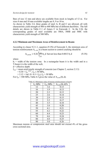 Section design for moment 61
Bars of size 12 mm and above are available from stock in lengths of 12 m. For
sizes 8 mm and 10 mm available lengths are 8, 9 or 10 m.
As shown in Table 2.4, three grades of steel A, B and C are allowed, all with
characteristic yield strength of 400 to 600 MPa but of different ductilities. The full
details are shown in Table C.1 of Annex C in Eurocode 2. In the U.K. the
corresponding grades of steel available are 500A, 500B and 500C with
characteristic yield strength of 500 MPa.
4.2.2 Minimum and Maximum Areas of Reinforcement in Beams
According to clause 9.2.1.1, equation (9.1N) of Eurocode 2, the minimum area of
tension reinforcement As, min in a beam section to control cracking should be
d
b
f
f
26
.
0
A t
yk
ctm
min
,
s  but not less than 0.0013 bt d (9.1N)
where
bt = width of the tension zone. In a rectangular beam it is the width and in a
T-beam it is the width of the web.
d = effective depth
fctm = mean axial tensile strength of concrete (see Chapter 2, section 2.3.3)
= 0.30 × fck
0.667
, fck ≤ 50 MPa,
= 2.12 × ℓn(1.8+ 0.1× fck), fck > 50 MPa
For fyk = 500 MPa, Table 4.3 gives the value of As,min/(bt d).
Table 4.3 Minimum value of tension reinforcement in beams
fck MPa fctm MPa As,min/(bt d)%
12 1.6 0.13
16 1.9 0.13
20 2.2 0.13
25 2.6 0.14
30 2.9 0.15
35 3.2 0.17
40 3.5 0.18
45 3.8 0.20
50 4.1 0.21
55 4.2 0.22
60 4.4 0.23
70 4.6 0.24
80 4.8 0.25
90 5.0 0.26
Maximum tension or compression steel area should not exceed 4% of the gross
cross sectional area.
www.engbookspdf.com
 