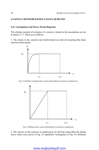 64 Reinforced concrete design to EC 2
4.4 SINGLY REINFORCED RECTANGULAR BEAMS
4.4.1 Assumptions and Stress–Strain Diagrams
The ultimate moment of resistance of a section is based on the assumptions set out
in clause 3.1.7. These are as follows:
1. The strains in the concrete and reinforcement are derived assuming that plane
sections remain plane;
Fig. 4.3 Parabola−rectangle stress−strain relationship for concrete in compression.
Fig. 4.4 Bilinear stress−strain relationship for concrete in compression.
2. The stresses in the concrete in compression are derived using either the design
stress−strain curve given in Fig. 4.3 (parabolic−rectangular) or Fig. 4.4 (bilinear)
fcd
εc3 εcu3
εc
fcd
εc2 εcu2
εc
σc
www.engbookspdf.com
 