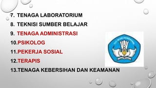 7. TENAGA LABORATORIUM
8. TEKNISI SUMBER BELAJAR
9. TENAGA ADMINISTRASI
10.PSIKOLOG
11.PEKERJA SOSIAL
12.TERAPIS
13.TENAGA KEBERSIHAN DAN KEAMANAN
 