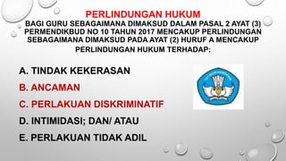 PERLINDUNGAN HUKUM
BAGI GURU SEBAGAIMANA DIMAKSUD DALAM PASAL 2 AYAT (3)
PERMENDIKBUD NO 10 TAHUN 2017 MENCAKUP PERLINDUNGAN
SEBAGAIMANA DIMAKSUD PADA AYAT (2) HURUF A MENCAKUP
PERLINDUNGAN HUKUM TERHADAP:
A. TINDAK KEKERASAN
B. ANCAMAN
C. PERLAKUAN DISKRIMINATIF
D. INTIMIDASI; DAN/ ATAU
E. PERLAKUAN TIDAK ADIL
 