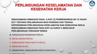 PERLINDUNGAN KESELAMATAN DAN
KESEHATAN KERJA
SEBAGAIMANA DIMAKSUD PASAL 2 AYAT (5) PERMENDIKBUD NO 10 TAHUN
2017 TENTANG PERLINDUNGAN BAGI PENDIDIK DAN TENAGA
KEPENDIDIKAN PERLINDUNGAN KESELAMATAN DAN KESEHATAN KERJA
SEBAGAIMANA DIMAKSUD PADA AYAT (2) HURUF C MENCAKUP
PERLINDUNGAN TERHADAP RISIKO:
A. GANGGUAN KEAMANAN KERJA,
B. KECELAKAAN KERJA,
C. KEBAKARAN PADA WAKTU KERJA,
D. BENCANA ALAM,
E. KESEHATAN LINGKUNGAN KERJA DAN/ATAU
 