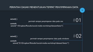 +
#01
#02
PERINTAH DASAR MENENTUKAN TEMPAT PENYIMPANAN DATA
setwd( )
perintah tempat penyimpanan data pada osx
contoh:
setwd("~/Dropbox/Rstudio/social-media-workshop/dataset/beta1")
setwd( )
perintah tempat penyimpanan data pada windows
contoh:
setwd(“D:DropboxRstudiosocial-media-workshopdatasetbeta1”)
 