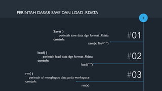 +
Save( )
perintah save data dgn format .Rdata
contoh:
save(x, ﬁle=“ ")
#01
#02
PERINTAH DASAR SAVE DAN LOAD .RDATA
load( )
perintah load data dgn format .Rdata
contoh:
load(“ ")
#03rm( )
perintah u/ menghapus data pada workspace
contoh:
rm(x)
 